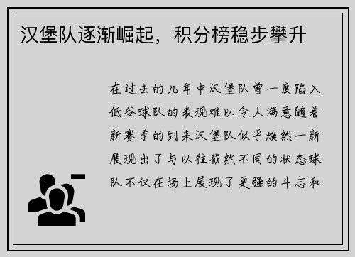 汉堡队逐渐崛起，积分榜稳步攀升