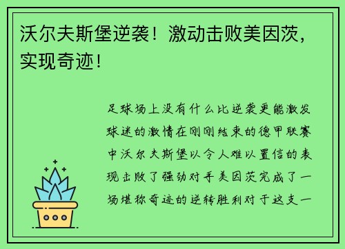 沃尔夫斯堡逆袭！激动击败美因茨，实现奇迹！