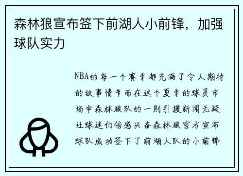 森林狼宣布签下前湖人小前锋，加强球队实力