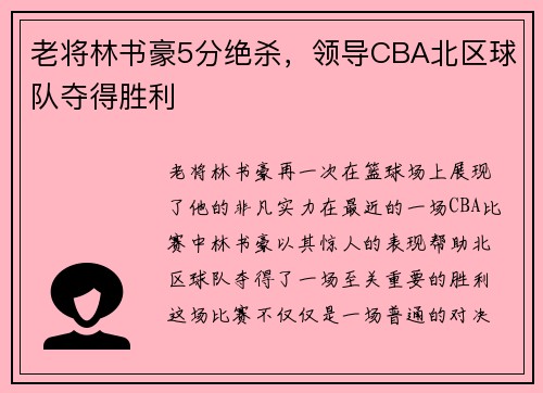 老将林书豪5分绝杀，领导CBA北区球队夺得胜利